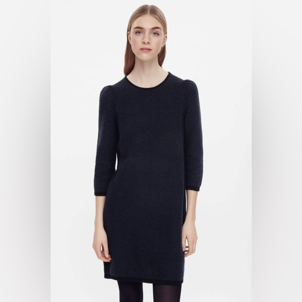 COS Sweater Dress Black and Blue Contemporary Knit Dress Knee Length, size S